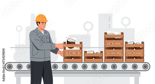 Illustration of a factory worker inspecting coconut products on a conveyor belt line