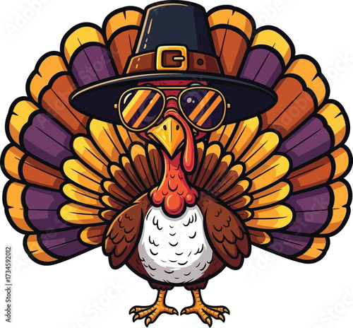 Cool pilgrim turkey wearing sunglasses and hat for thanksgiving vector