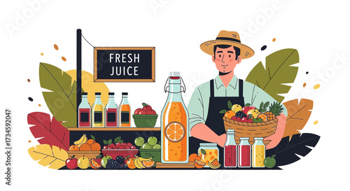 Illustration of a Fresh Juice Vendor with Fruits and Juices Display at a Market