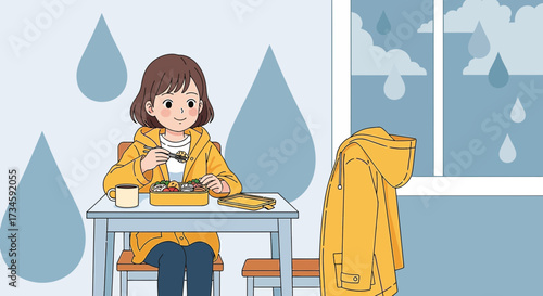 Illustration of a girl enjoying her lunch indoors on a rainy day featuring a cozy scene