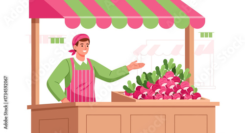 Illustration of a friendly vendor selling fresh radishes at an outdoor farmers market stall