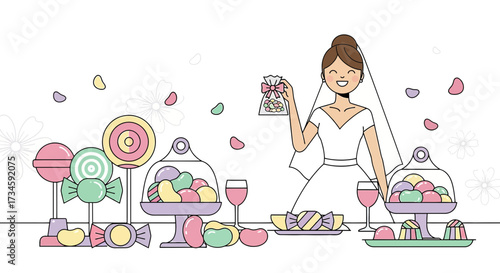 Illustration of a happy bride with wedding candy buffet and desserts on white background