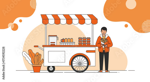 Illustration of a man buying french fries from a food cart in a park vector design