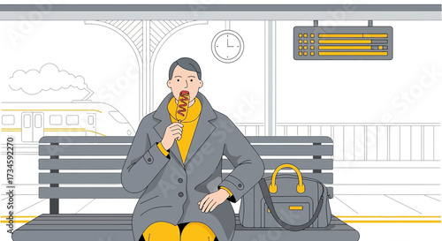 Illustration of a man eating a corn dog while waiting for a train at a station platform