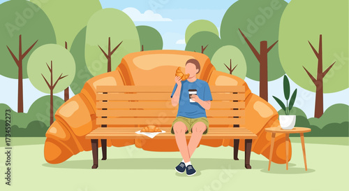 Illustration of a man eating a croissant on a bench shaped like a croissant in a park