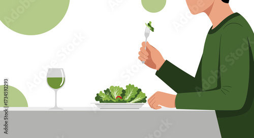 Illustration of a man enjoying a healthy salad with wine in a minimalist style