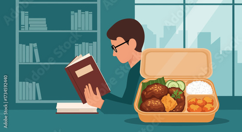 Illustration of a man reading a book with a lunch box beside him indoor study scene