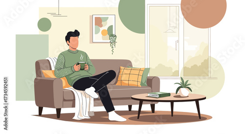 Illustration of a Man Relaxing at Home with Coffee, Cozy Atmosphere and Modern Design