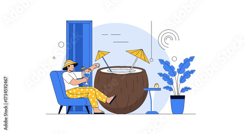 Illustration of a man relaxing with a coconut drink enjoying his vacation getaway