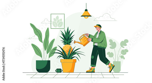 Illustration of a man watering a pineapple plant in a cozy indoor environment displaying care and