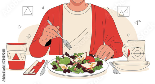 Illustration of a person enjoying a healthy salad, promoting wellness and mindful eating habits at