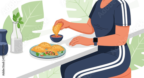 Illustration of a person enjoying empanadas with fresh sauce in a serene setting indoors