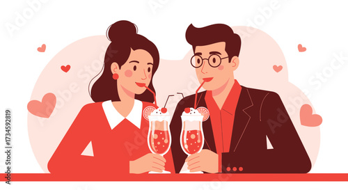 Illustration of a romantic date with a couple sharing cocktails surrounded by hearts illustration