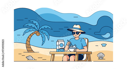 Illustration of a relaxed man enjoying breakfast on a tropical beach with palm trees