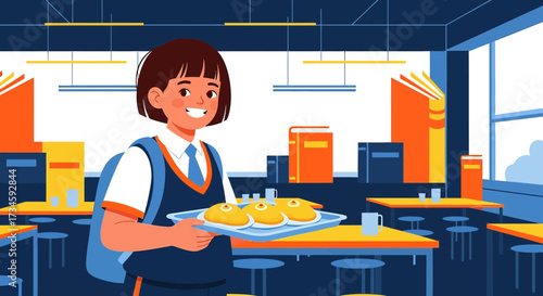 Illustration of a schoolgirl with a tray of food in a cafeteria ready to eat lunch happy at school