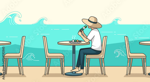 Illustration of a serene beachside cafe scene with a woman enjoying dango dessert