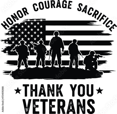 American flag with silhouettes of soldiers thank you veterans message vector