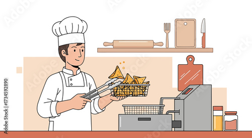 Illustration of a smiling chef preparing samosas in a commercial kitchen environment scene