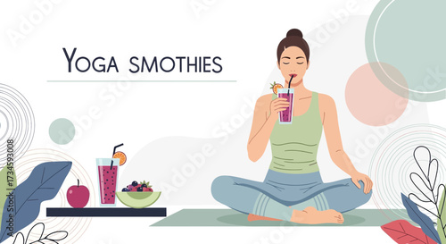 Illustration of a woman doing yoga while drinking a smoothie for wellness practice