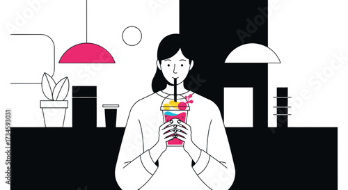 Illustration of a woman enjoying a colorful smoothie drink in a minimalist cafe setting illustration