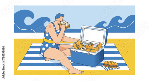 Illustration of a woman enjoying a beach picnic with sandwiches and a cooler near the ocean waves