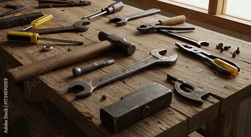 Assorted hand tools arranged on a rustic wooden surface for repair and construction