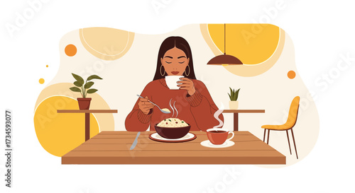 Illustration of a woman enjoying a meal and coffee in a cozy cafe setting with warm tones and a