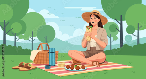 Illustration of a woman enjoying a picnic in the park on a bright sunny day with clear sky and