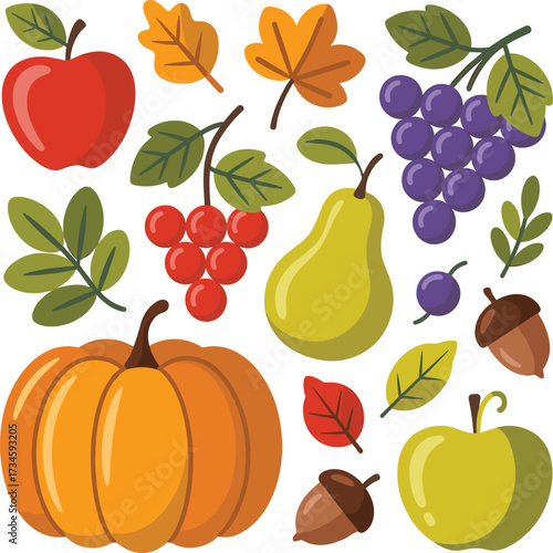 Colorful Autumn Harvest Vector Set Seasonal Fruits, Leaves, Pumpkins, and Nature Illustrations