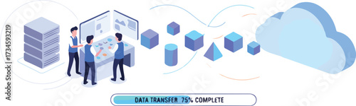 Data Migration and Cloud Transfer Process Vector Illustration. Wide Landscape Engineers Moving Files