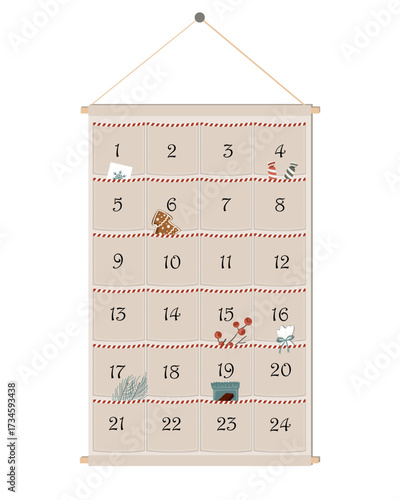 Happy Holidays wall hanging textile pocket advent calendar in Scandinavian style. Vector isolated illustration