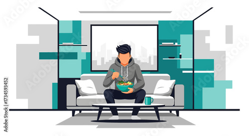 Illustration of a young man eating a bowl of food on the sofa at home showing a healthy and