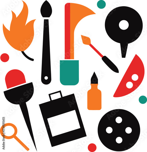 Collection of art supplies and crafting tools including paintbrushes and a clipboard isolated on white background isolated on transparent background silhouette