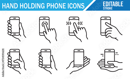 Hand Holding Phone Icons — 25 Editable Stroke Mobile Gesture Vector Set: tap, swipe, pinch, zoom, scroll, call, chat, message — minimal outline smartphone UI/UX pictograms