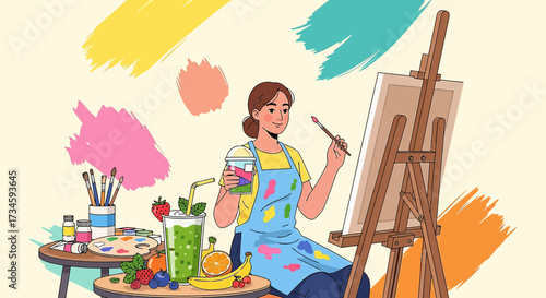 Illustration of a young woman painting on canvas with fruits and smoothie nearby promoting a