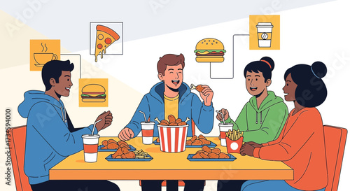 Illustrative depiction of diverse young adults joyfully sharing a fast food feast at a table