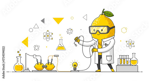 Innovative lemon scientist conducting experiments in laboratory setting with equipment and