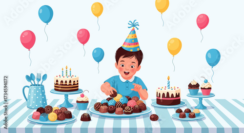 Joyful birthday celebration with a boy surrounded by sweets and colorful balloons party