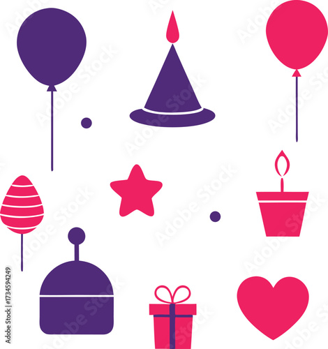 Collection of colorful birthday party elements including balloons hats candles gifts and sweets isolated on white background isolated on transparent background silhouette