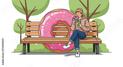 Man enjoying a donut and drink on a park bench with a giant donut backdrop illustration