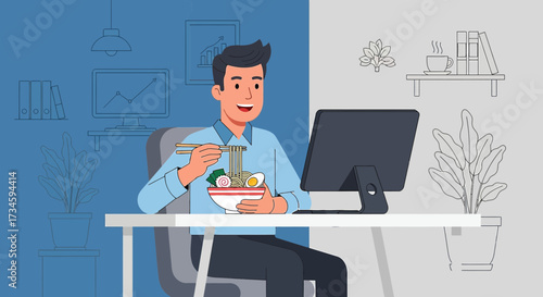 Man enjoys ramen at his desk during a break from work in a modern illustration style