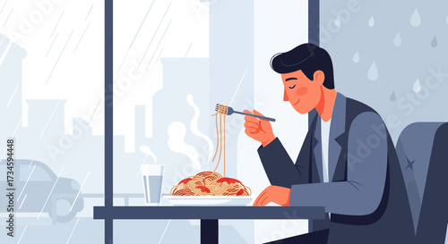 Man enjoys spaghetti meal on a rainy day indoors at a restaurant setting illustration