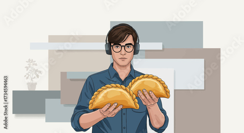 Man holding two argentinian empanadas in a stylized and modern illustration art work