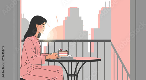 Morning tranquility: Woman in pajamas enjoying cake on a balcony with city view