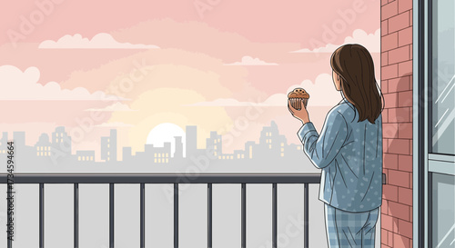 Morning tranquility: Woman enjoying a cupcake on her balcony overlooking the city sunrise