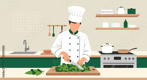 Professional chef skillfully preparing fresh spinach in a modern kitchen setting preparing