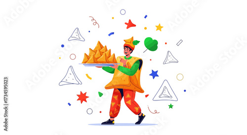 Purim celebration concept illustration with hamantaschen server and festive design elements