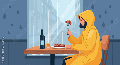 Rainy day indulgence a woman in a raincoat enjoys a meal by the window with falling rain