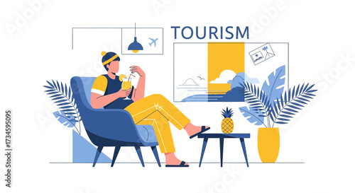Relaxing indoor vacation illustration depicting tourism and leisure with tropical decoration