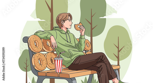 Relaxing day in the park: A whimsical illustration of a man enjoying a donut on a bench
